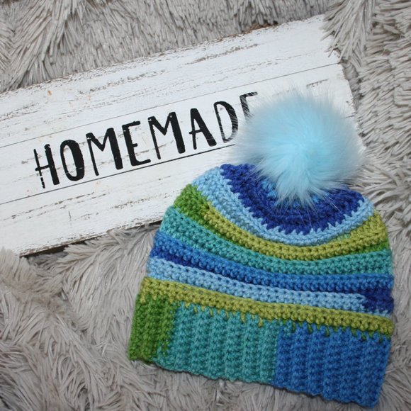 Vintagejelyfish Accessories - Blue and green beanie with fur pom handmade